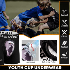 Davion® - 2-Pack Boys Underwear with 1 Soft Protective Athletic Cup Youth Briefs for Football, Baseball, Lacrosse